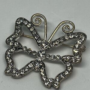 Vintage Silver Rhinestone Butterfly Brooch Pin 1.5 Clear Stones